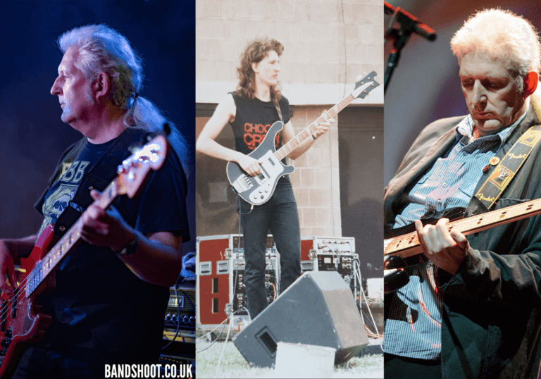 Collage of Andy Faulkner through the years performing on bass guitar